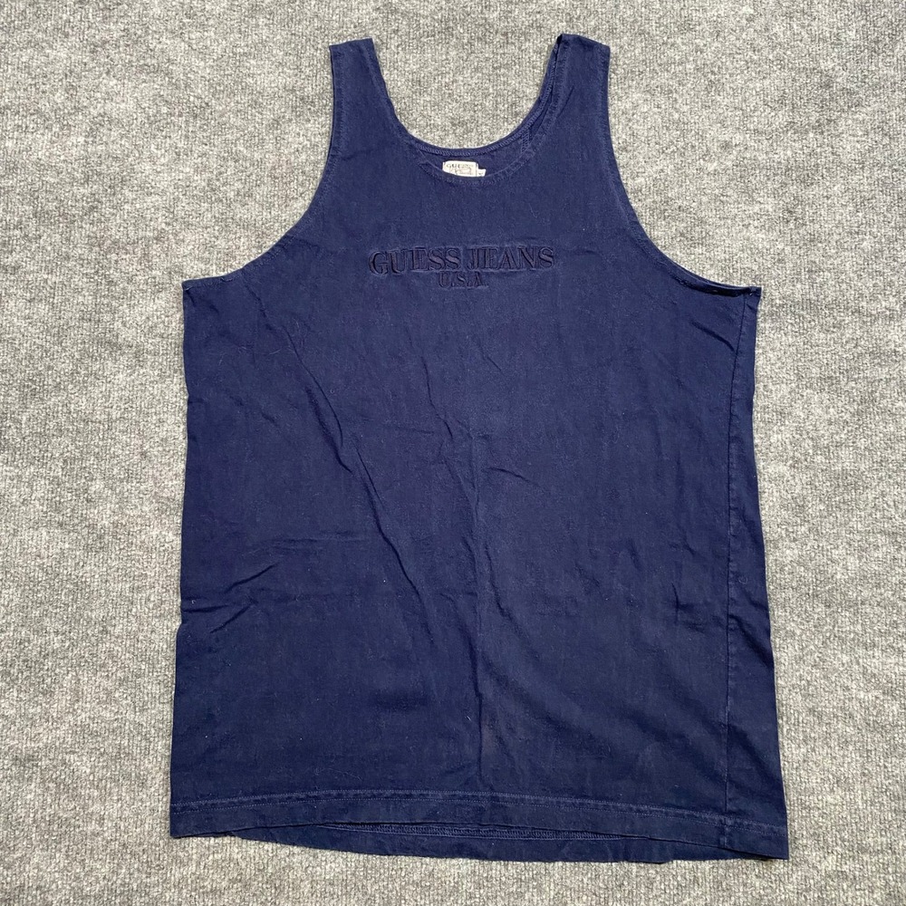 Vintage Guess Jeans USA Georges Marciano Navy Blue Embroidered Tank Top Mens M